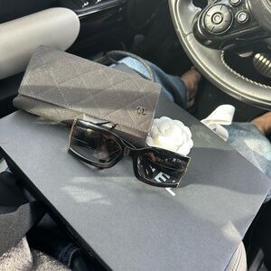 CHANEL Black and Gold Sunglasses with Quilted Case